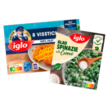 Iglo vissticks, spinazie boursin,
bladspinazie -, bloemkool -
of prei à la crème